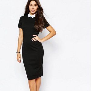 ASOS Black stretchy pencil dress with white collar, bodycon